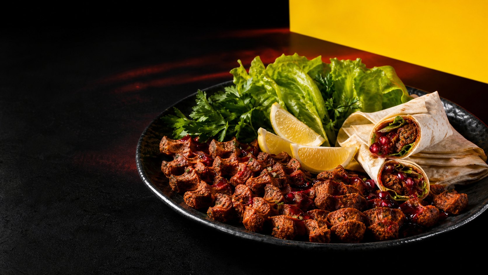 Lavaş, limon ve taze yeşilliklerle sunulan çiğ köfte